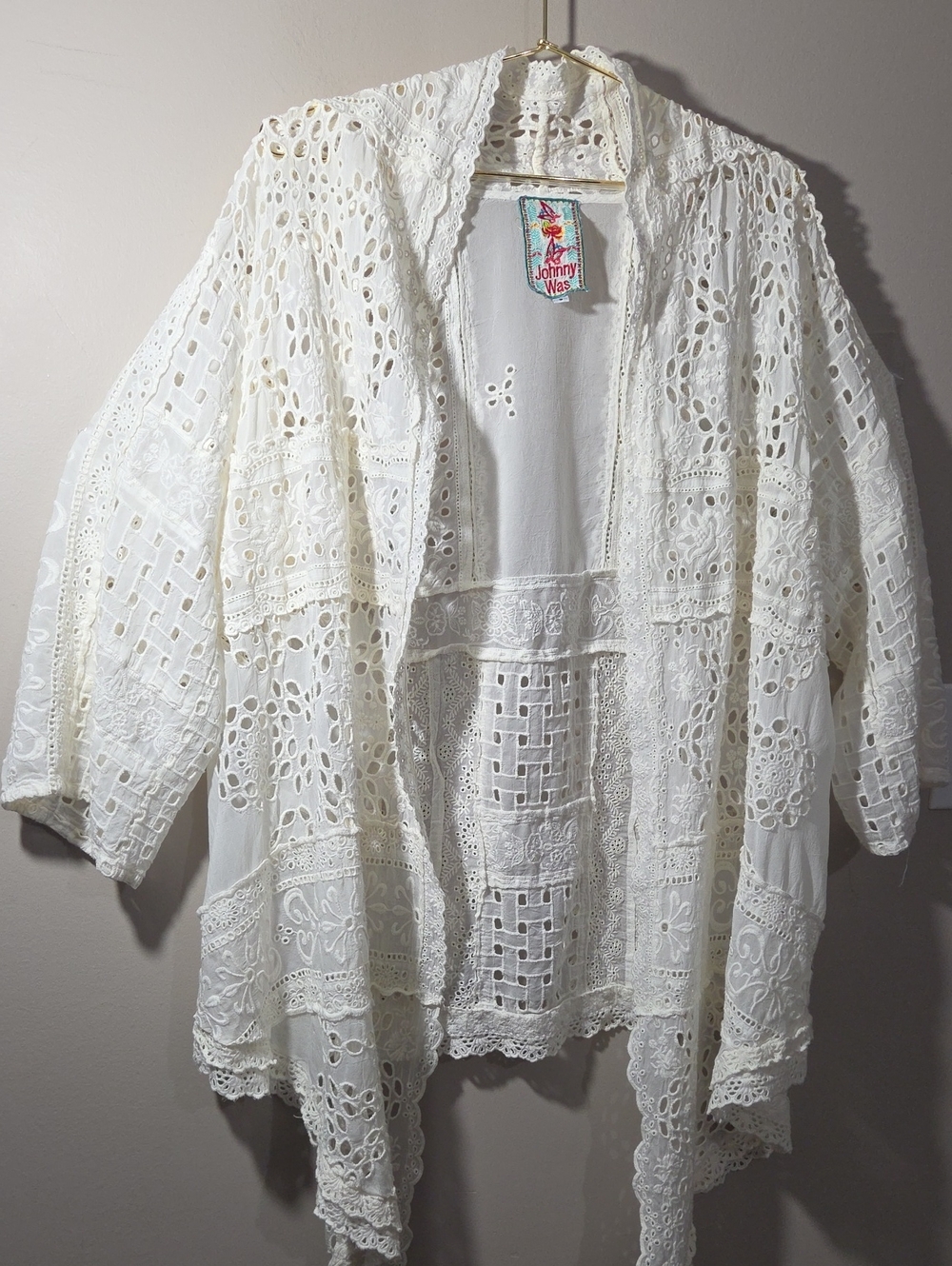 Johnny Was Ivory Openwork Crochet Kimono Cardigan